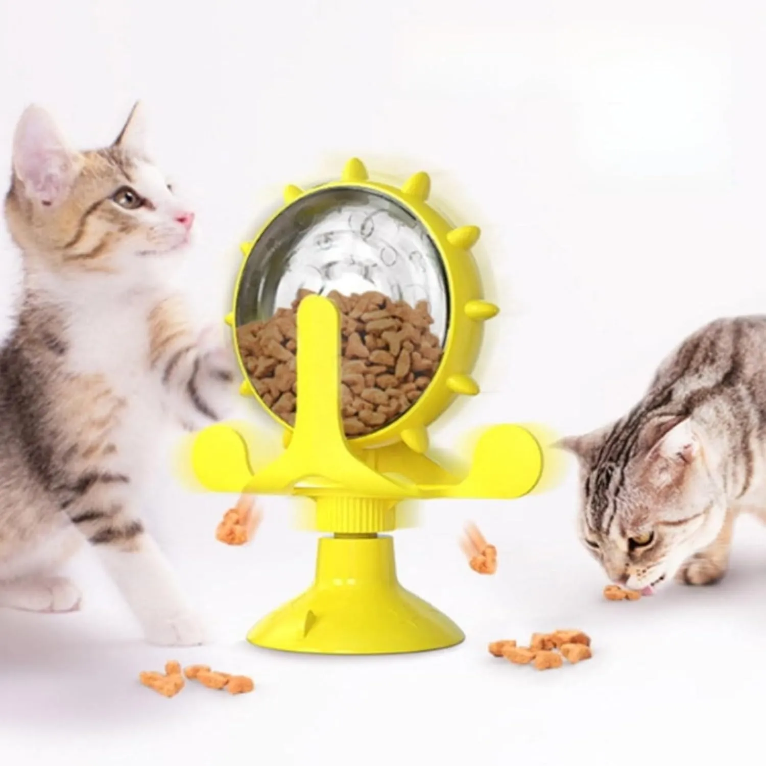 1 Pet Interactive Cat Snack Dispenser, 360 Degree Rotating Pinwheel, Money Wheel Leaky Food Ball Toy with Suction Cups to Prevent Food Leakage (Multi-Color Available)(Yellow)