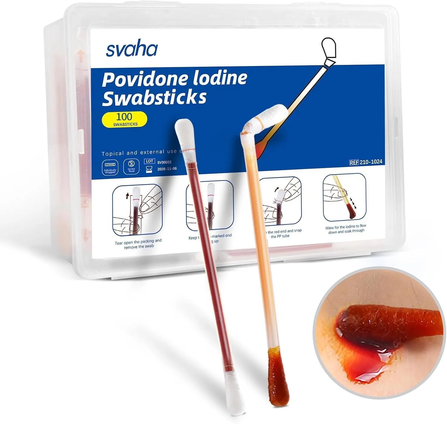 100 Sticks Povidone Iodine Swabs - FSA/HSA Eligible, Wound Care & First Aid Supplies in Reusable Plastic Case, Povidone Iodine Swabsticks with Iodine Solution, Individually Wrapped