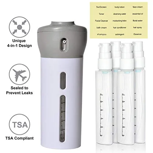 2 Pieces 4 in 1 Travel Dispenser, CHIVENIDO Lotion Shampoo Gel Travel Dispenser Bottle Sets Shower Bottles Refillable Travel Bottles for Makeup Travel Supplies (Pink, Gray)