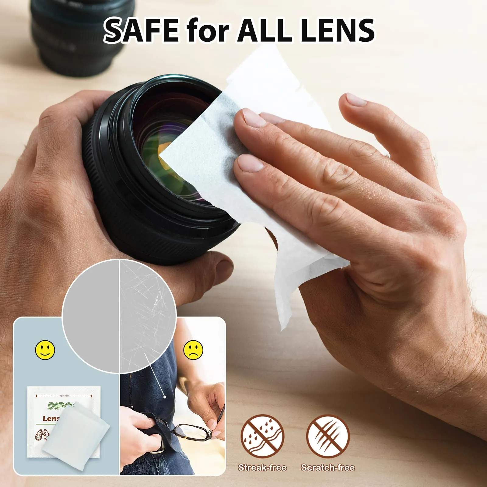 200 Count Lens Wipes for Eyeglasses, Eye glasses Cleaner Wipes Pre-moistened Individually Wrapped Sracth-Free Streak-Free EyeGlasses Lens Cleaning Wipes for Sunglass, Camera Lens, Goggles 200 Count