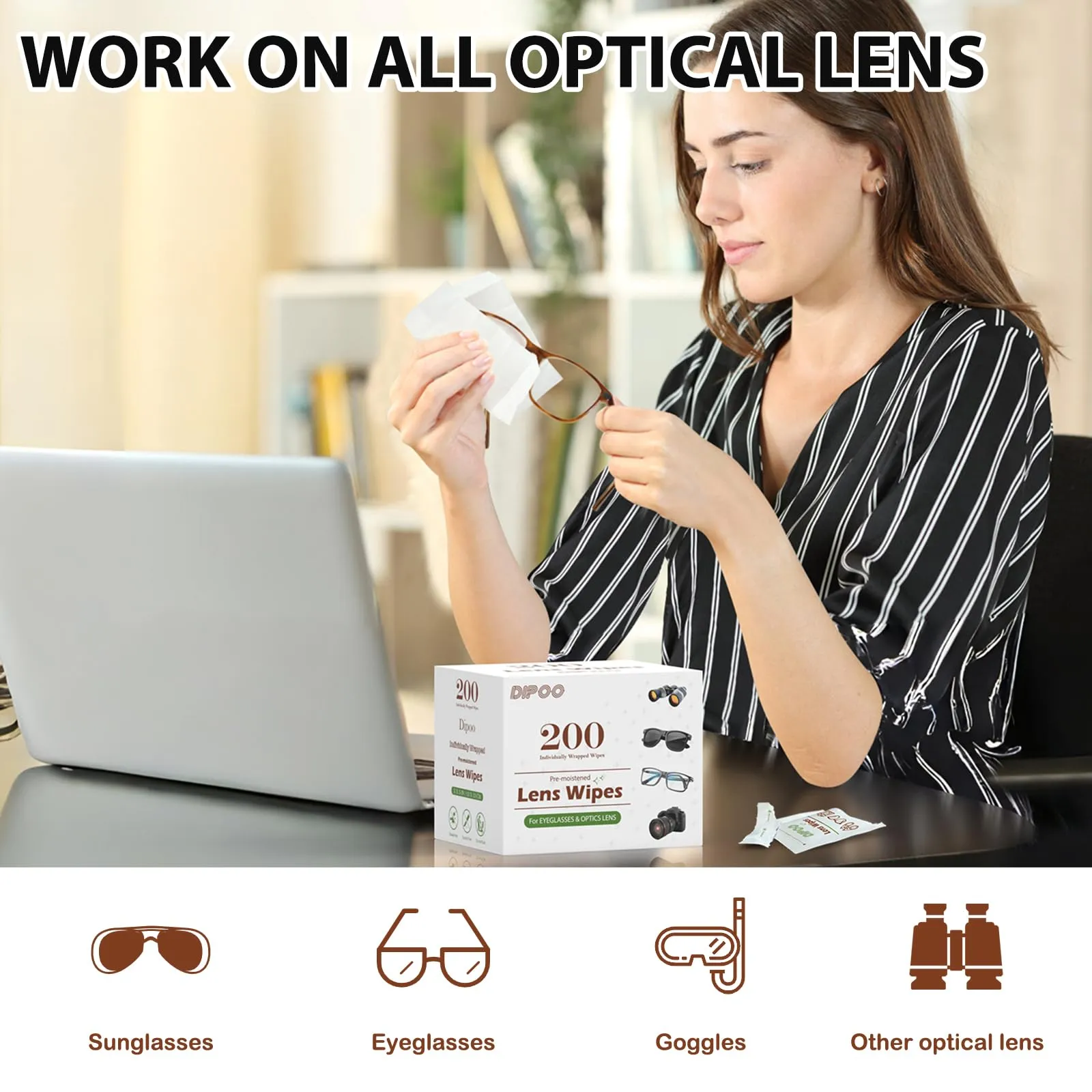 200 Count Lens Wipes for Eyeglasses, Eye glasses Cleaner Wipes Pre-moistened Individually Wrapped Sracth-Free Streak-Free EyeGlasses Lens Cleaning Wipes for Sunglass, Camera Lens, Goggles 200 Count