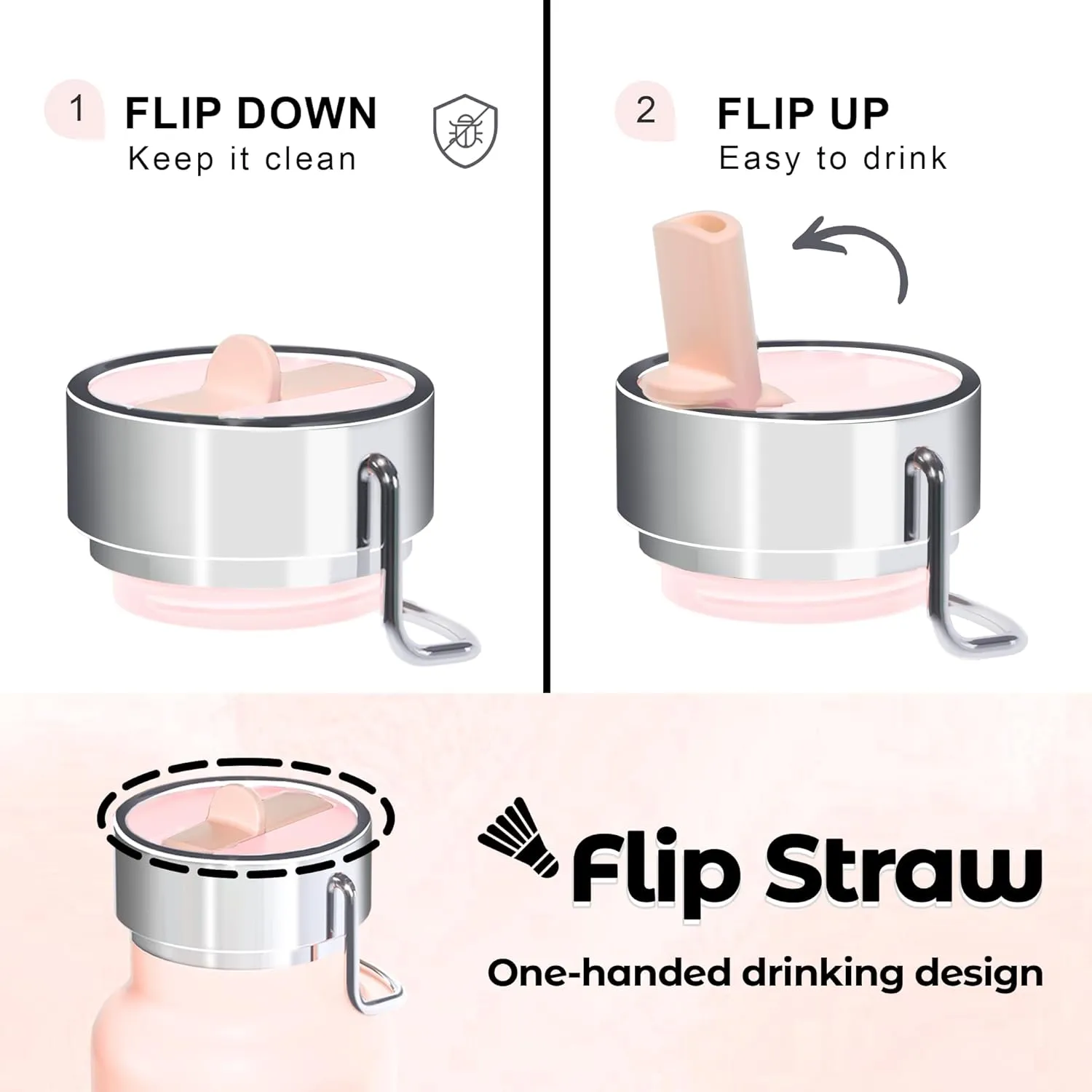 24 oz Insulated Slim Water Bottle with Flip Straw and Handle, Stainless Steel Water Bottles, Fits Car CupHolder, 100% Leak Proof, Keeps Drink Cold Up to 24 Hours, Sports/Gift (Light Pink)
