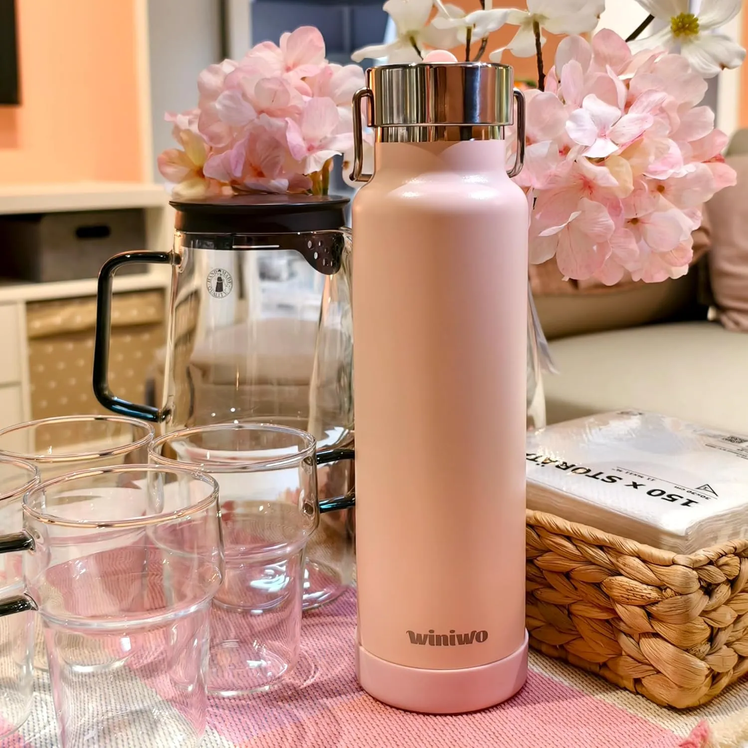 24 oz Insulated Slim Water Bottle with Flip Straw and Handle, Stainless Steel Water Bottles, Fits Car CupHolder, 100% Leak Proof, Keeps Drink Cold Up to 24 Hours, Sports/Gift (Light Pink)