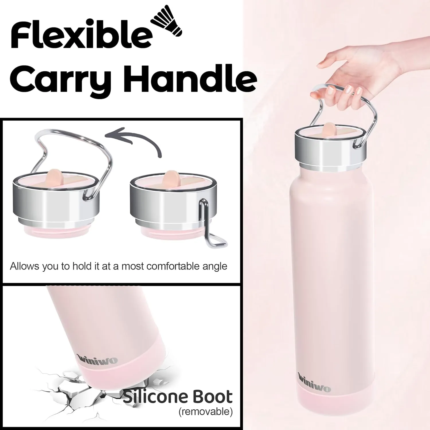 24 oz Insulated Slim Water Bottle with Flip Straw and Handle, Stainless Steel Water Bottles, Fits Car CupHolder, 100% Leak Proof, Keeps Drink Cold Up to 24 Hours, Sports/Gift (Light Pink)