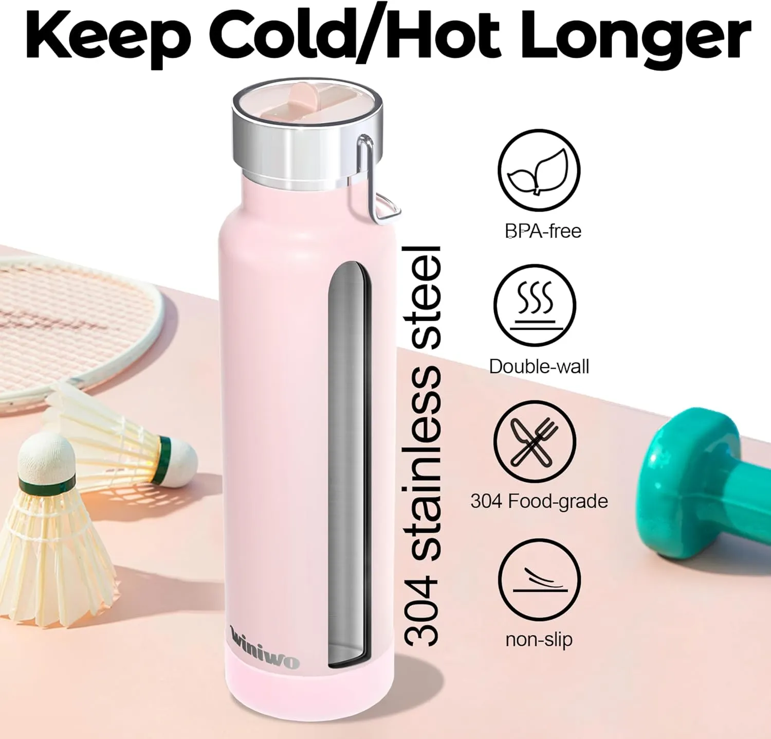 24 oz Insulated Slim Water Bottle with Flip Straw and Handle, Stainless Steel Water Bottles, Fits Car CupHolder, 100% Leak Proof, Keeps Drink Cold Up to 24 Hours, Sports/Gift (Light Pink)