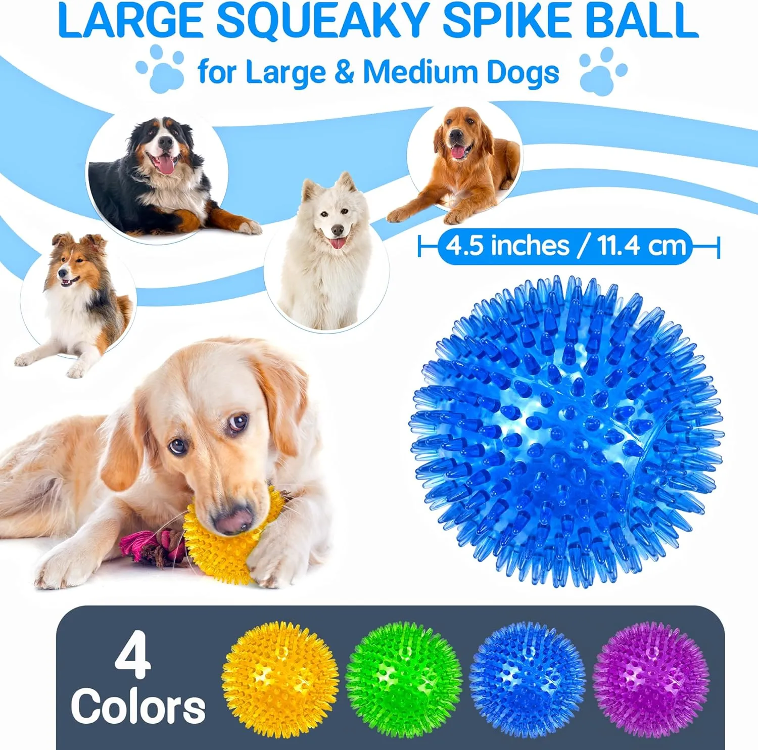 4-Pack Large Squeaky Dog Balls, 4.5" Rubber Spiky Dog Balls for Large Medium Aggressive Chewers Teeth Cleaning, Chew Toy for Training & Boredom Buster