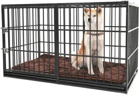 60'' Large Dog Crate Cage, Heavy Duty Galvanized Iron Dogs Kennels Furniture with Cushion, 2 Doors and Removable Trays, Escape Proof Metal Pet Kennel Perfect for Patio, Home, Backyard, Black