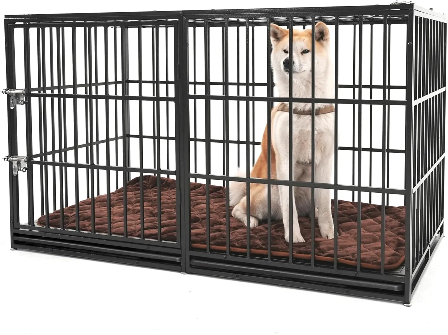 60'' Large Dog Crate Cage, Heavy Duty Galvanized Iron Dogs Kennels Furniture with Cushion, 2 Doors and Removable Trays, Escape Proof Metal Pet Kennel Perfect for Patio, Home, Backyard, Black