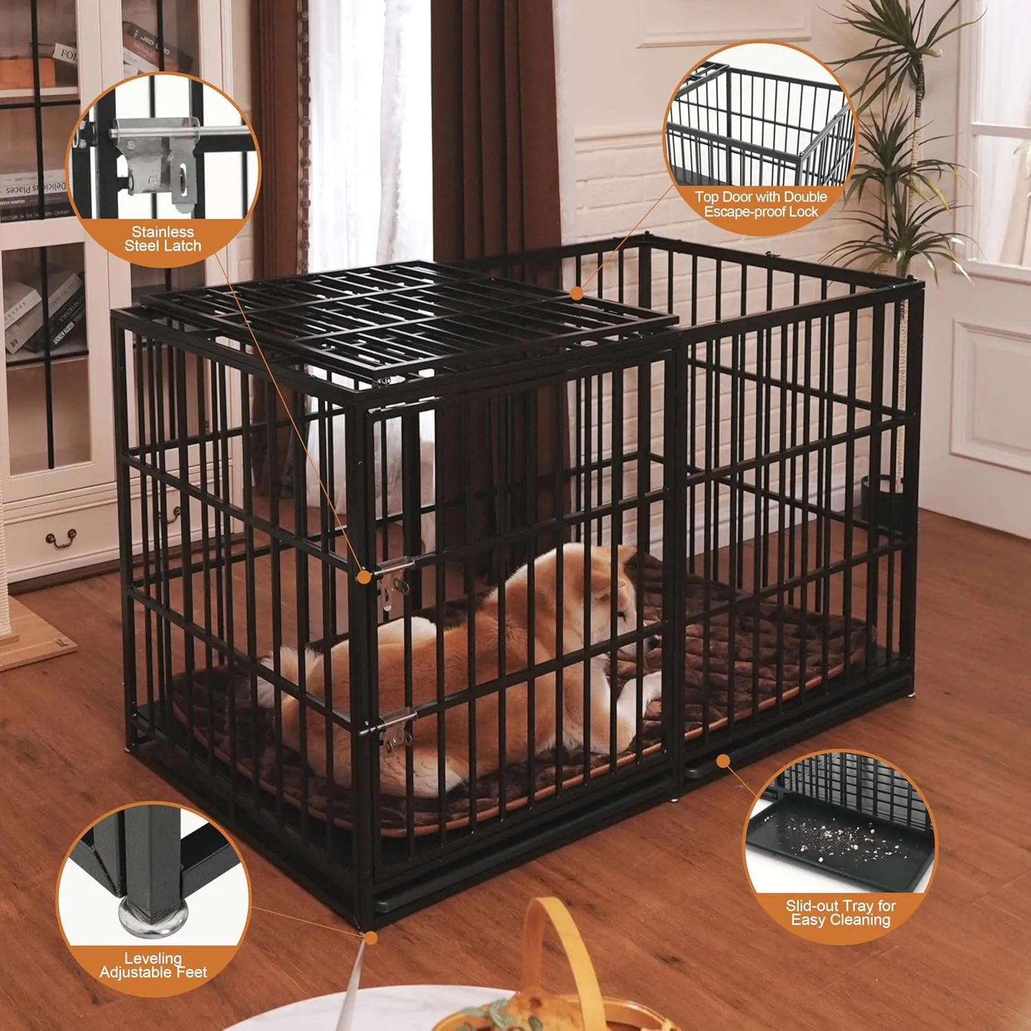 60'' Large Dog Crate Cage, Heavy Duty Galvanized Iron Dogs Kennels Furniture with Cushion, 2 Doors and Removable Trays, Escape Proof Metal Pet Kennel Perfect for Patio, Home, Backyard, Black