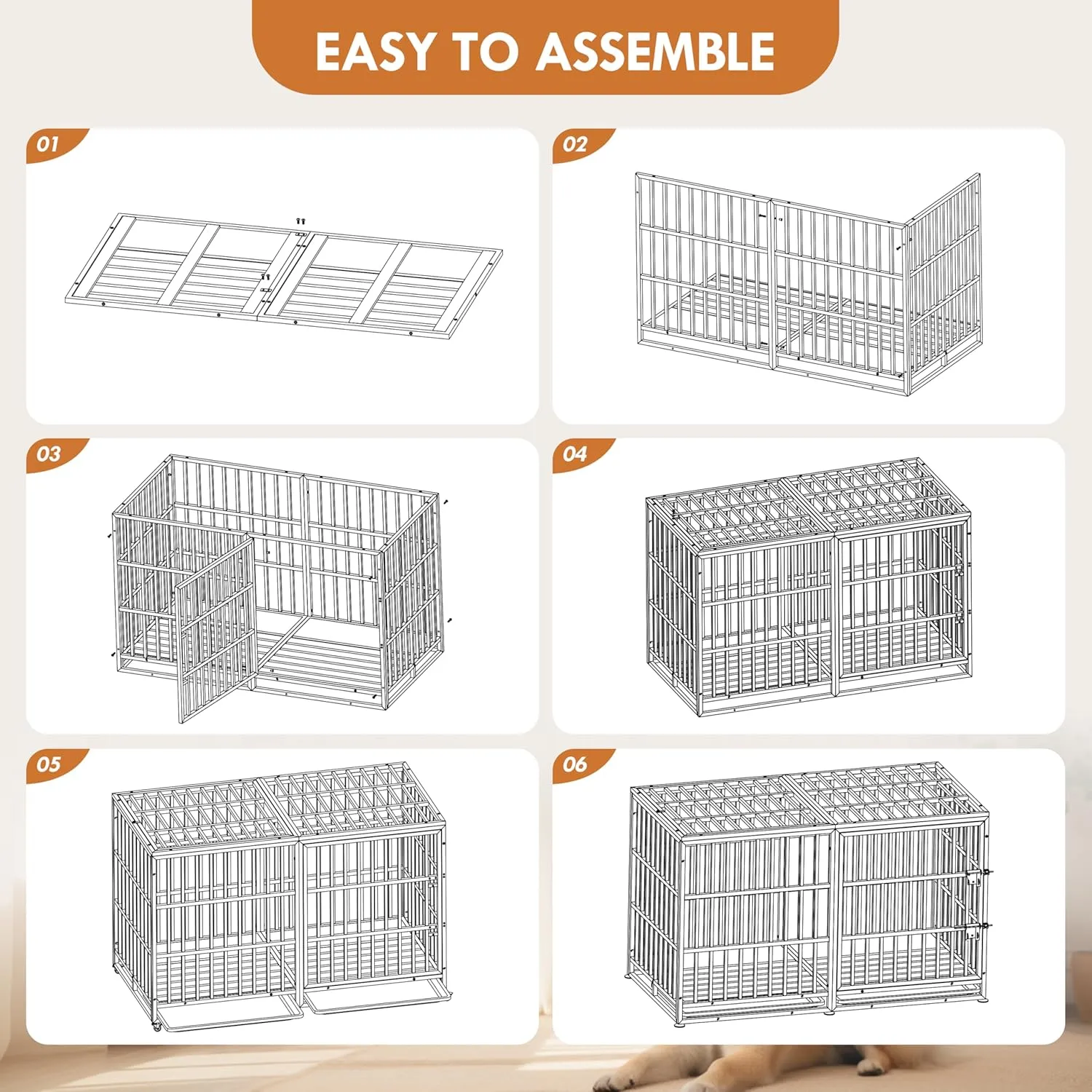 60'' Large Dog Crate Cage, Heavy Duty Galvanized Iron Dogs Kennels Furniture with Cushion, 2 Doors and Removable Trays, Escape Proof Metal Pet Kennel Perfect for Patio, Home, Backyard, Black
