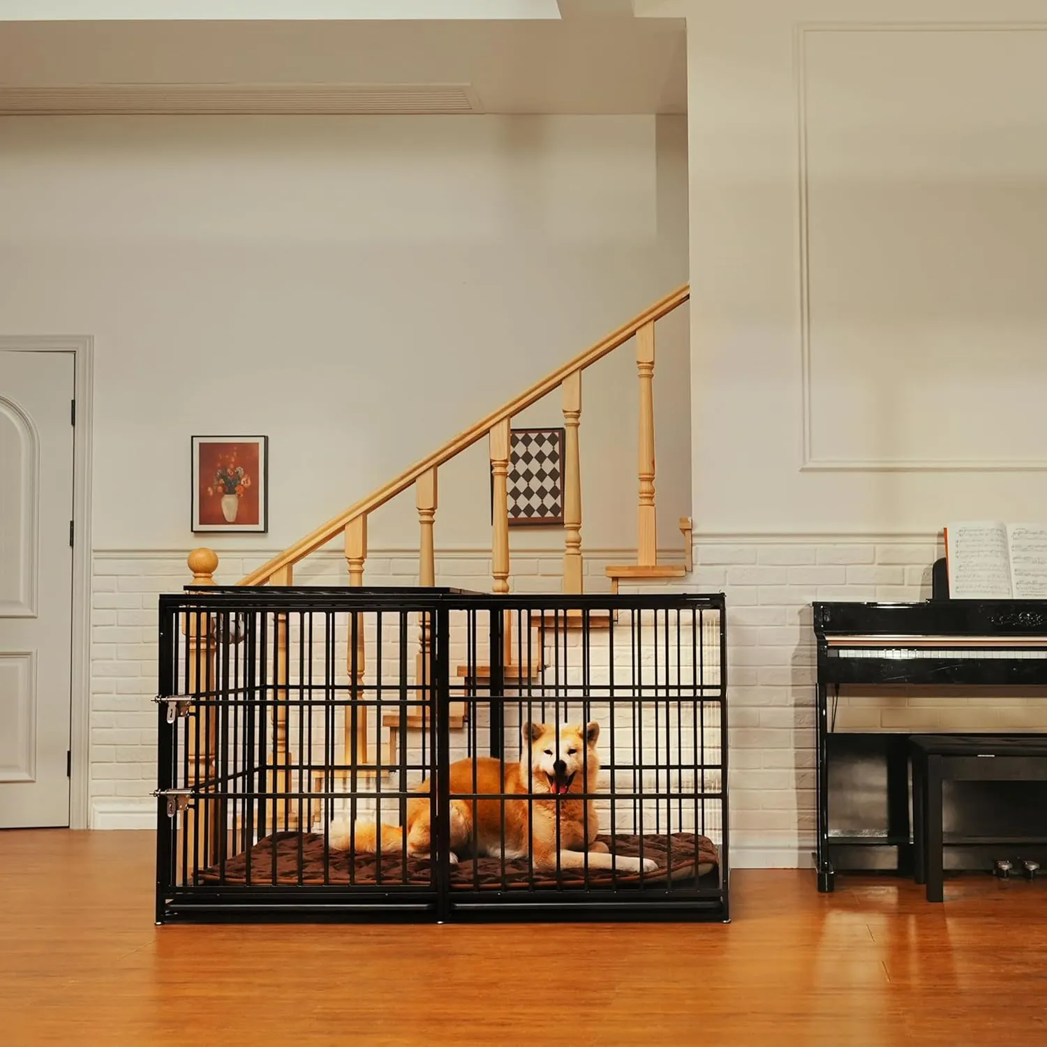 60'' Large Dog Crate Cage, Heavy Duty Galvanized Iron Dogs Kennels Furniture with Cushion, 2 Doors and Removable Trays, Escape Proof Metal Pet Kennel Perfect for Patio, Home, Backyard, Black
