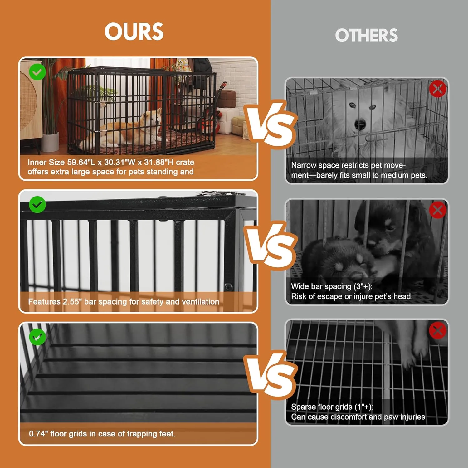 60'' Large Dog Crate Cage, Heavy Duty Galvanized Iron Dogs Kennels Furniture with Cushion, 2 Doors and Removable Trays, Escape Proof Metal Pet Kennel Perfect for Patio, Home, Backyard, Black