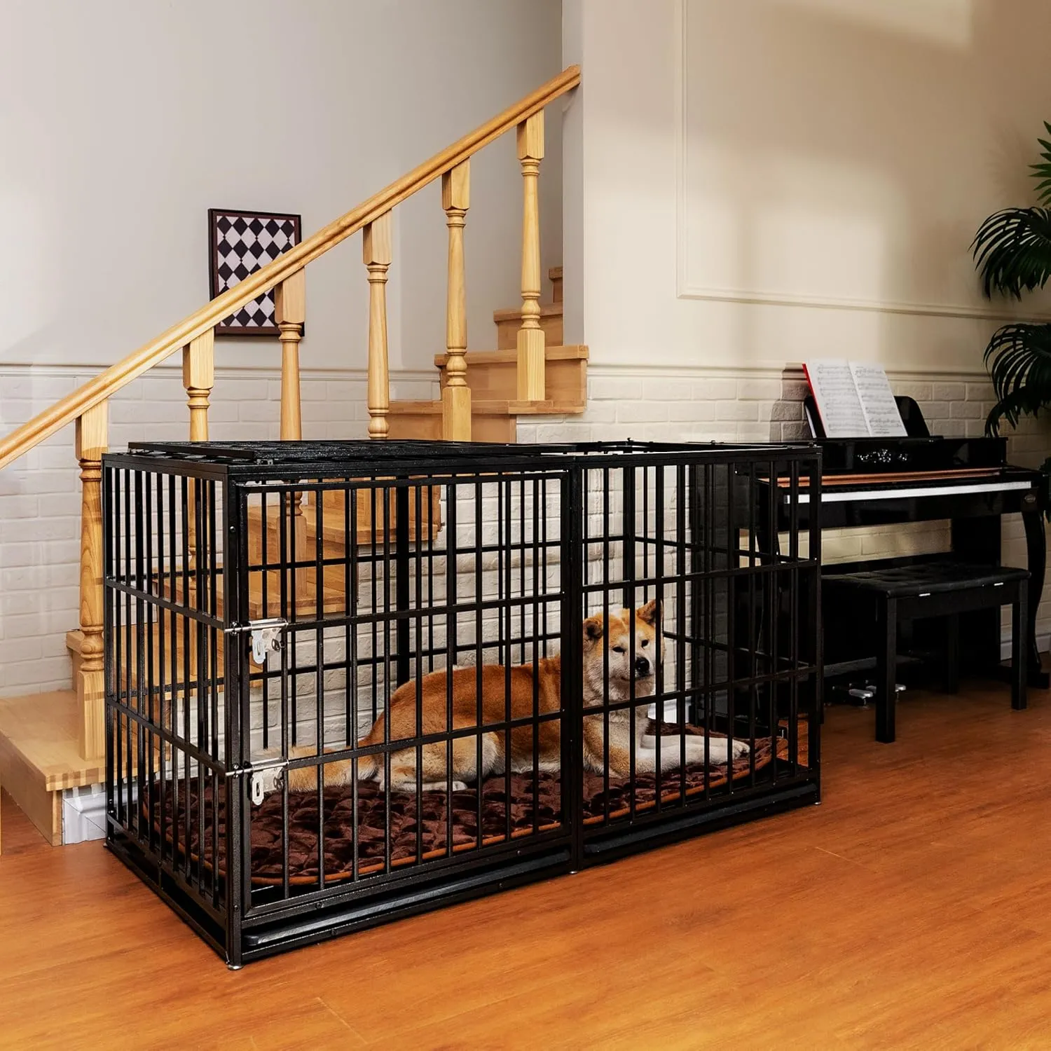60'' Large Dog Crate Cage, Heavy Duty Galvanized Iron Dogs Kennels Furniture with Cushion, 2 Doors and Removable Trays, Escape Proof Metal Pet Kennel Perfect for Patio, Home, Backyard, Black
