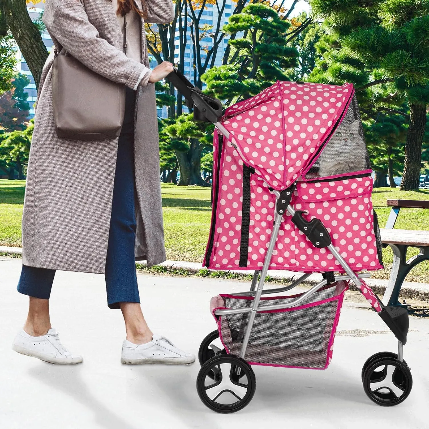 Athena Collection 3 Wheels Pet Stroller,Folding Dog Stroller for Medium Dogs 33 Lbs Cat Stroller Pet Gear w/Detachable Carrier, Cup Holder, Bottom Storage, Pink Polka-dot