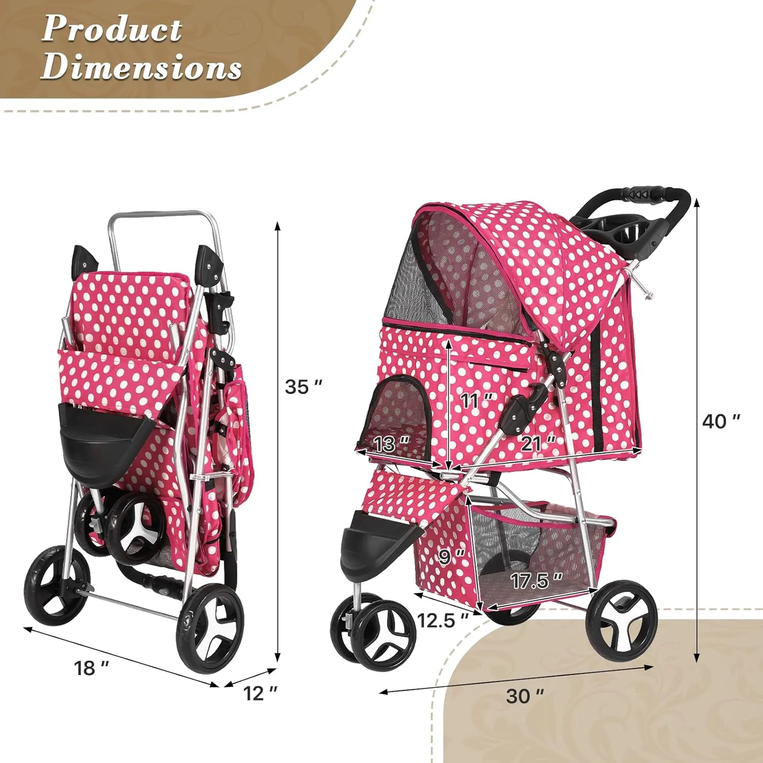 Athena Collection 3 Wheels Pet Stroller,Folding Dog Stroller for Medium Dogs 33 Lbs Cat Stroller Pet Gear w/Detachable Carrier, Cup Holder, Bottom Storage, Pink Polka-dot