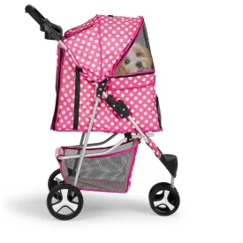 Athena Collection 3 Wheels Pet Stroller,Folding Dog Stroller for Medium Dogs 33 Lbs Cat Stroller Pet Gear w/Detachable Carrier, Cup Holder, Bottom Storage, Pink Polka-dot