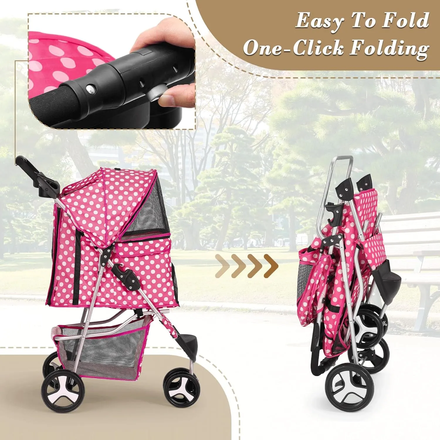 Athena Collection 3 Wheels Pet Stroller,Folding Dog Stroller for Medium Dogs 33 Lbs Cat Stroller Pet Gear w/Detachable Carrier, Cup Holder, Bottom Storage, Pink Polka-dot