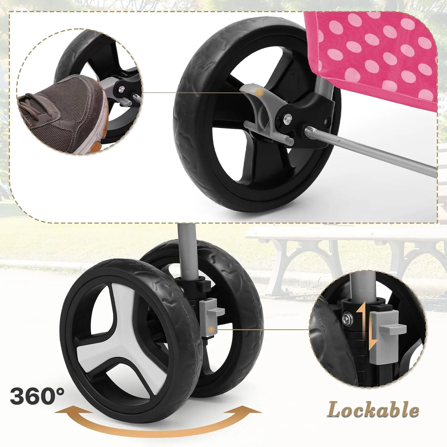 Athena Collection 3 Wheels Pet Stroller,Folding Dog Stroller for Medium Dogs 33 Lbs Cat Stroller Pet Gear w/Detachable Carrier, Cup Holder, Bottom Storage, Pink Polka-dot