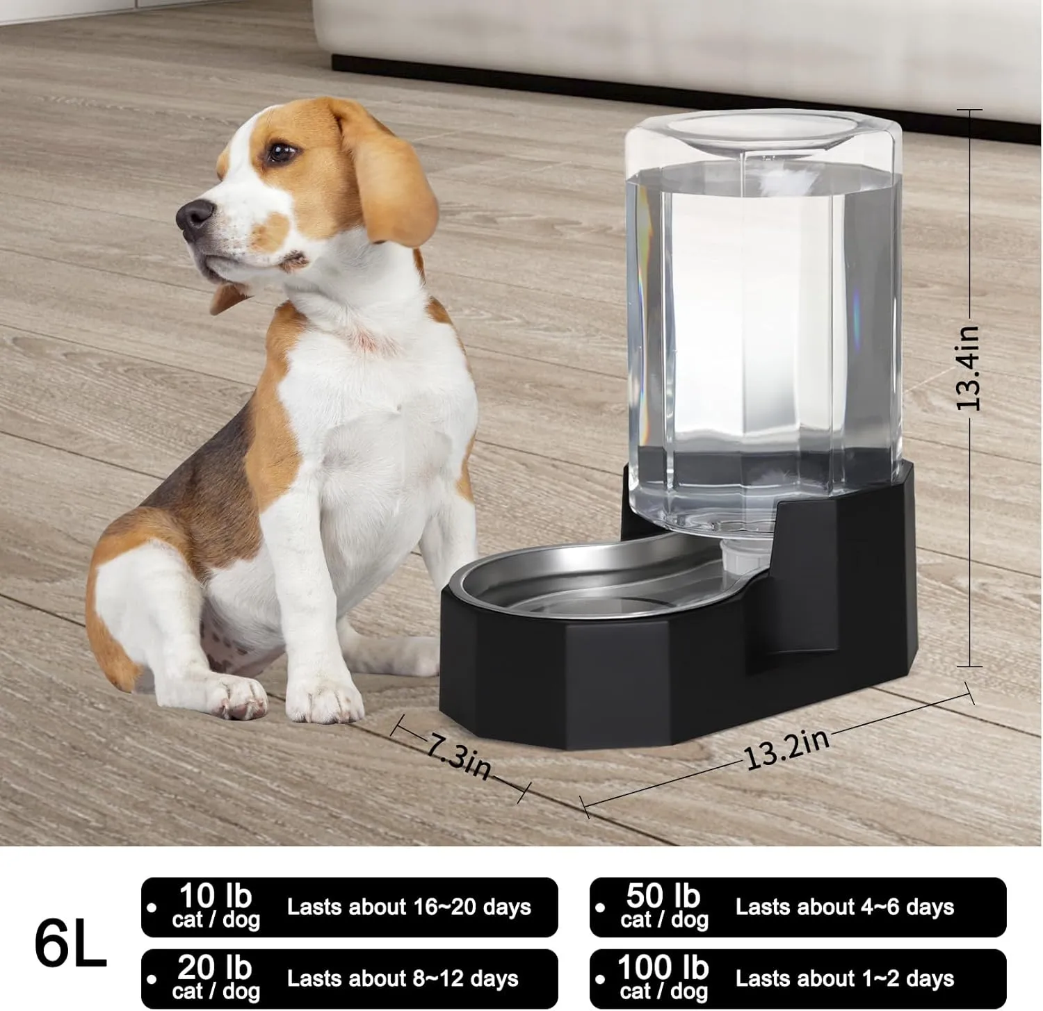 Automatic Pet Water Dispenser with Stainless Steel Bowl, Gravity Waterer, Angular Water Feeder for Small to Large Dogs and Cats (Black, 6L Without Filter)