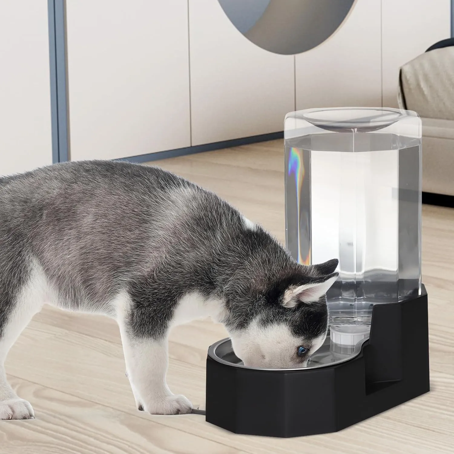 Automatic Pet Water Dispenser with Stainless Steel Bowl, Gravity Waterer, Angular Water Feeder for Small to Large Dogs and Cats (Black, 6L Without Filter)