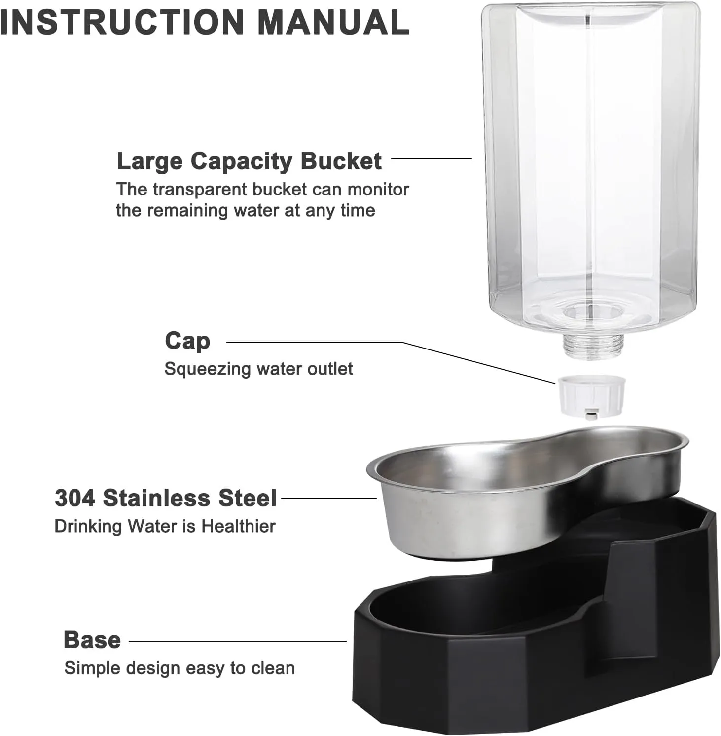 Automatic Pet Water Dispenser with Stainless Steel Bowl, Gravity Waterer, Angular Water Feeder for Small to Large Dogs and Cats (Black, 6L Without Filter)