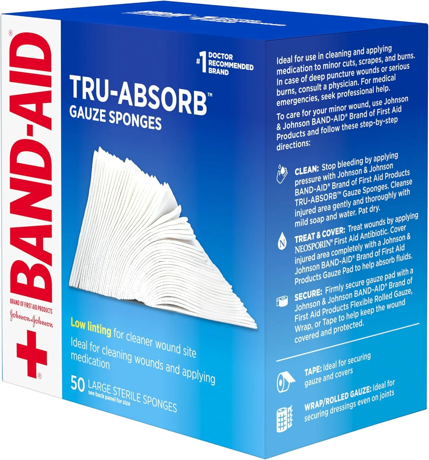 Band Aid Brand First Aid Products Tru-Absorb Sterile Gauze Sponges for Cleaning and Cushioning Minor Wounds, Cuts & Burns, Low-Lint Design, Individually Wrapped 4 in by 4 in Pads