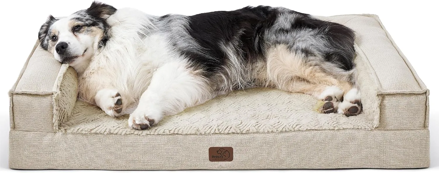 Bedsure Orthopedic Dog Bed for Extra Large Dogs - Egg Foam Dog Sofa Bed, Bolster Couch Pet Bed with Removable Waterproof Washable Cover, Comfy Plush Velvet Fluff Surface, Nonskid Bottom, Beige