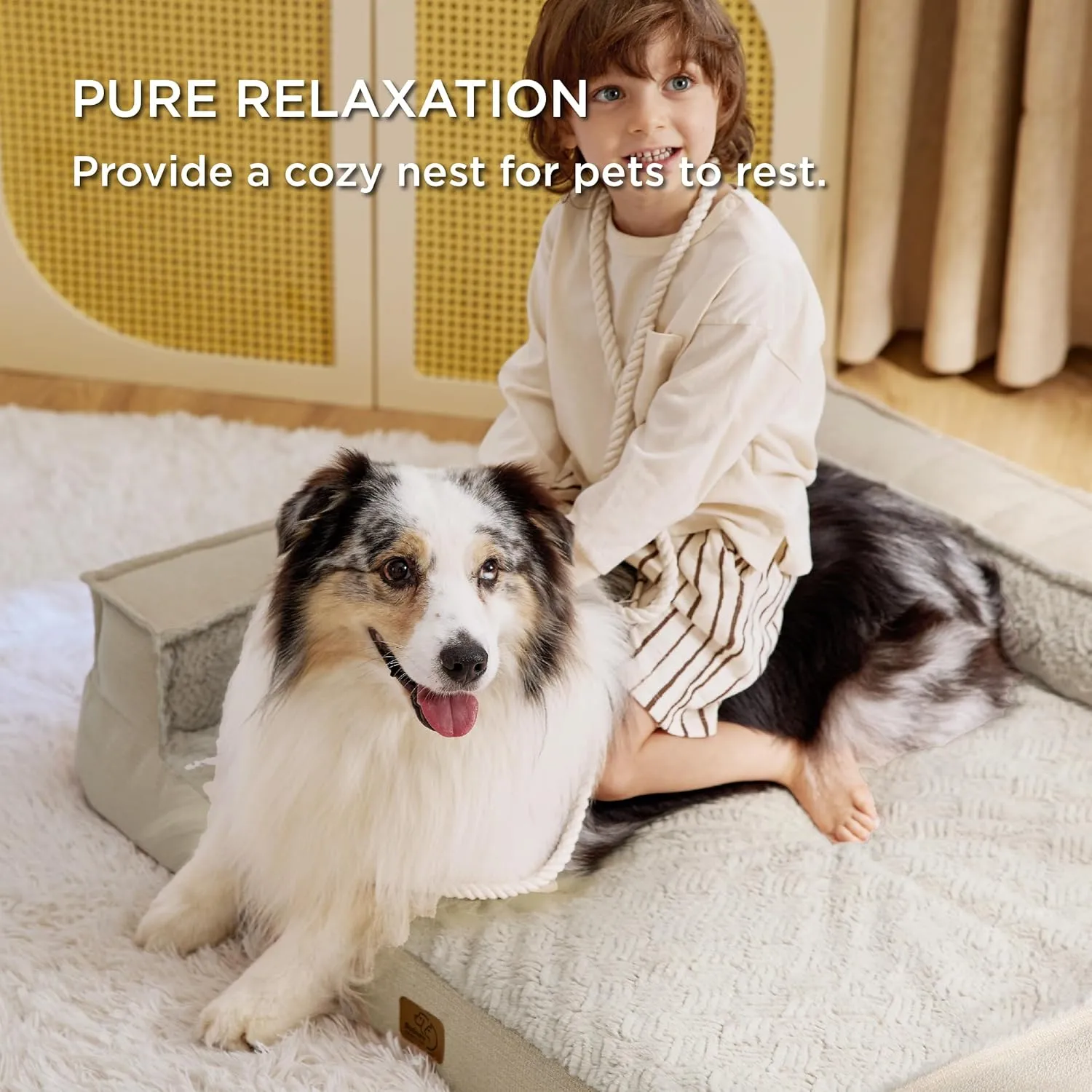 Bedsure Orthopedic Dog Bed for Extra Large Dogs - Egg Foam Dog Sofa Bed, Bolster Couch Pet Bed with Removable Waterproof Washable Cover, Comfy Plush Velvet Fluff Surface, Nonskid Bottom, Beige