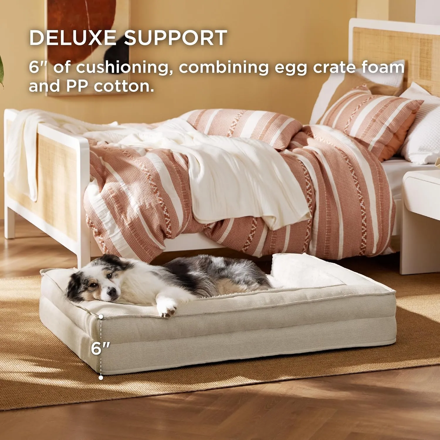 Bedsure Orthopedic Dog Bed for Extra Large Dogs - Egg Foam Dog Sofa Bed, Bolster Couch Pet Bed with Removable Waterproof Washable Cover, Comfy Plush Velvet Fluff Surface, Nonskid Bottom, Beige