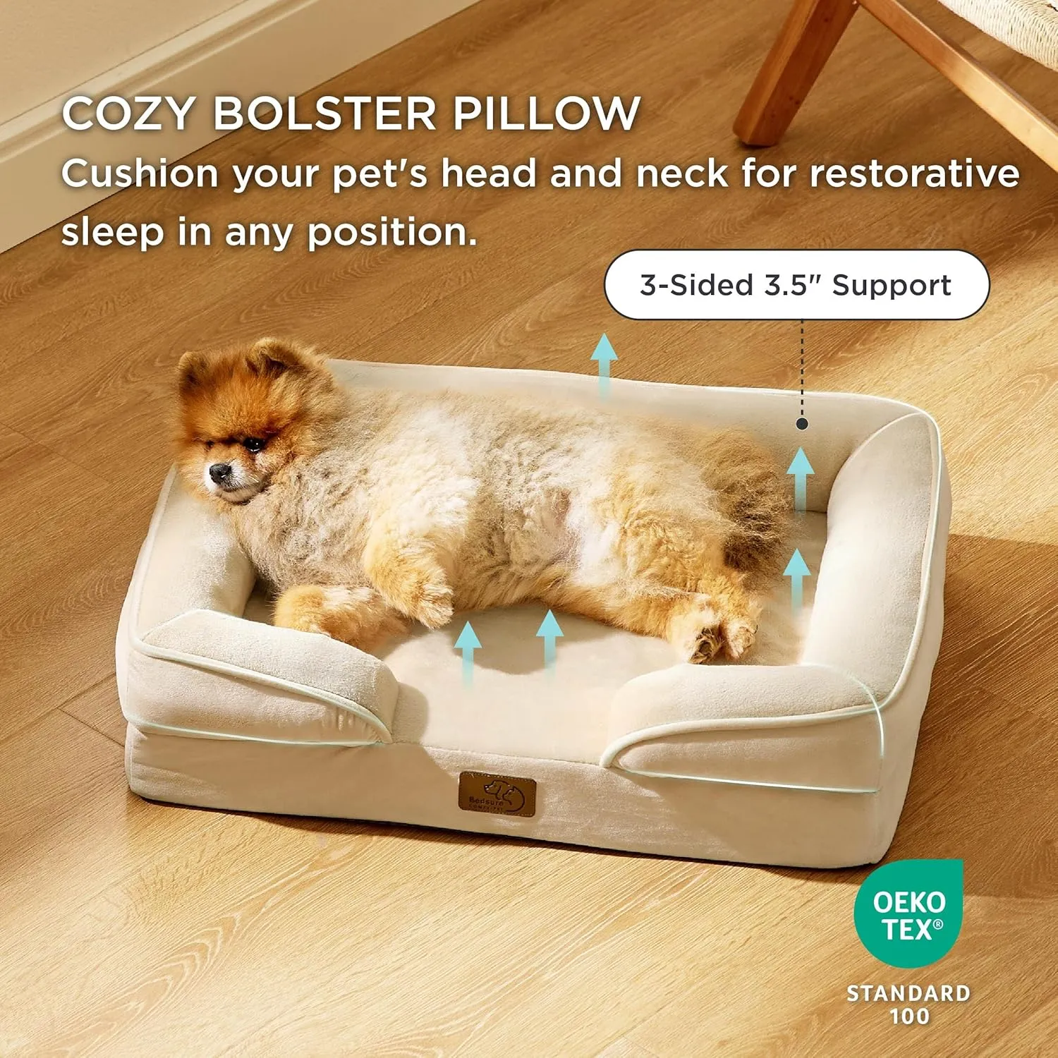 Bedsure Small Orthopedic Dog Bed - Washable Bolster Dog Sofa Beds for Small Dogs, Supportive Foam Pet Couch Bed with Removable Washable Cover, Waterproof Lining and Nonskid Bottom Couch, Light Khaki