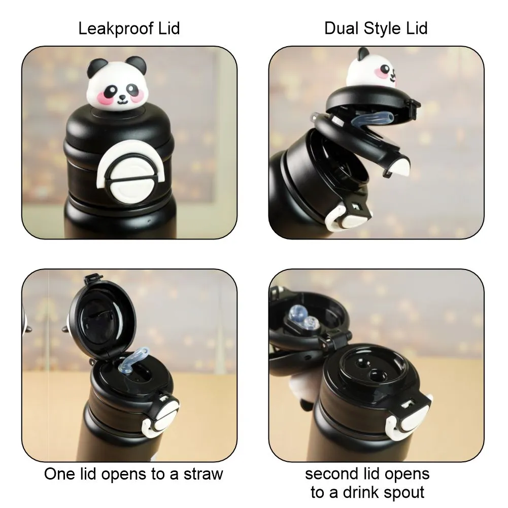 Black 3d Panda Stainless Steel Kids Water Bottle, 550ml