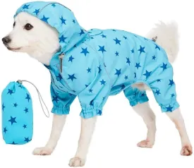 Blueberry Pet 14" Star Prints Lightweight Reflective Waterproof Dog Raincoat with Hood & Harness Hole, Blue, Outdoor Rain Gear Jacket 4 Legs for Dogs