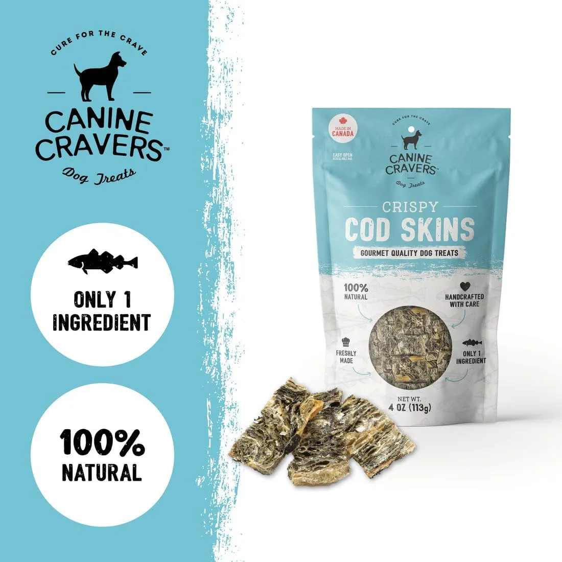 Canine Cravers Single Ingredient Dog Treats  Wild Caught Crispy Cod Skins - Human Grade Air Dried Hypoallergenic Pet Food  Grain, Gluten, and Soy Free  100% All Natural  4 oz