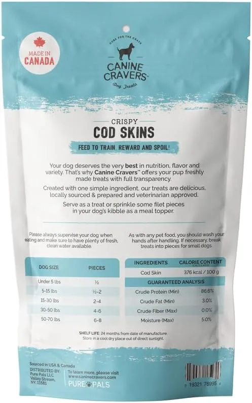 Canine Cravers Single Ingredient Dog Treats  Wild Caught Crispy Cod Skins - Human Grade Air Dried Hypoallergenic Pet Food  Grain, Gluten, and Soy Free  100% All Natural  4 oz