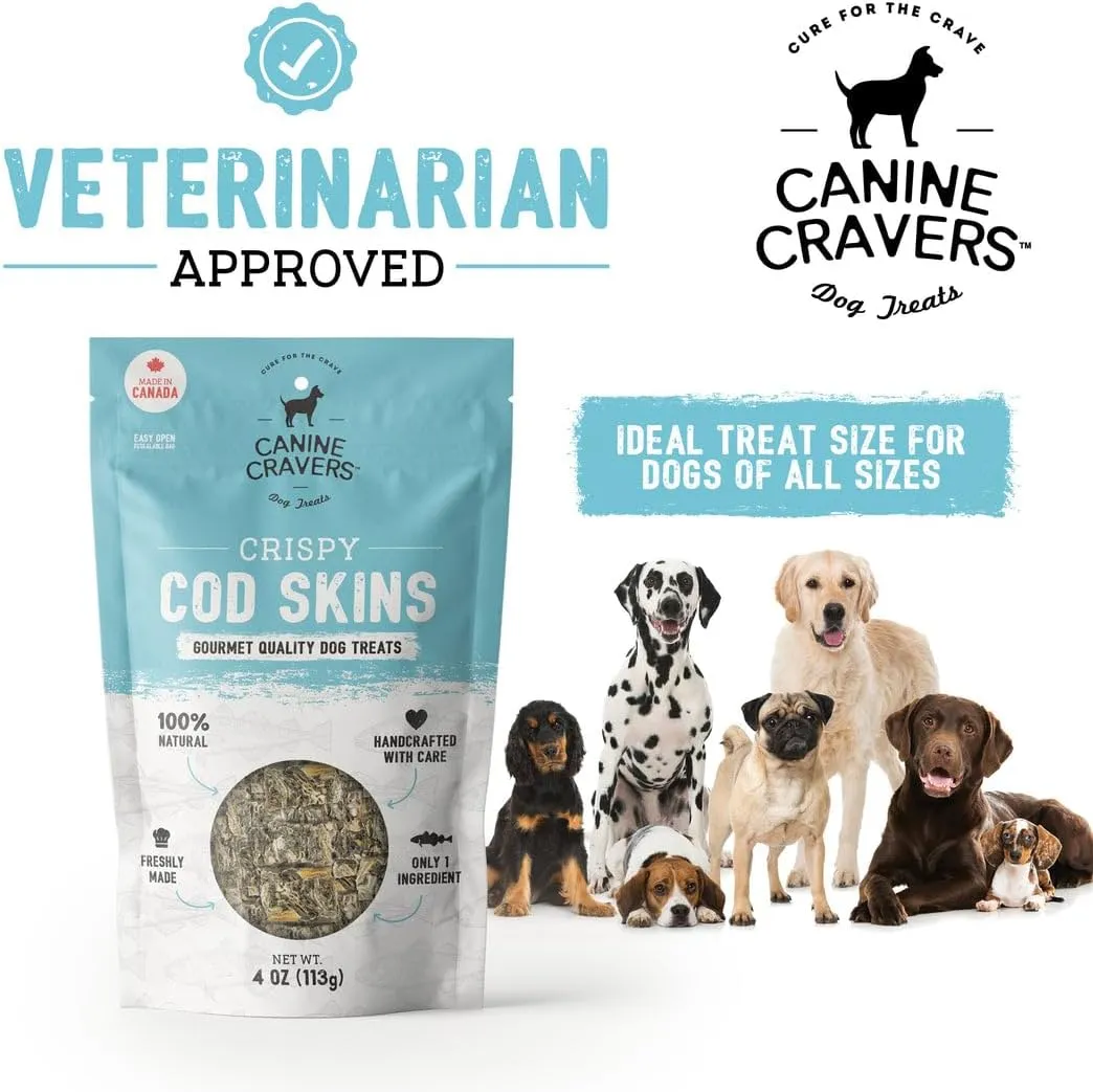Canine Cravers Single Ingredient Dog Treats  Wild Caught Crispy Cod Skins - Human Grade Air Dried Hypoallergenic Pet Food  Grain, Gluten, and Soy Free  100% All Natural  4 oz
