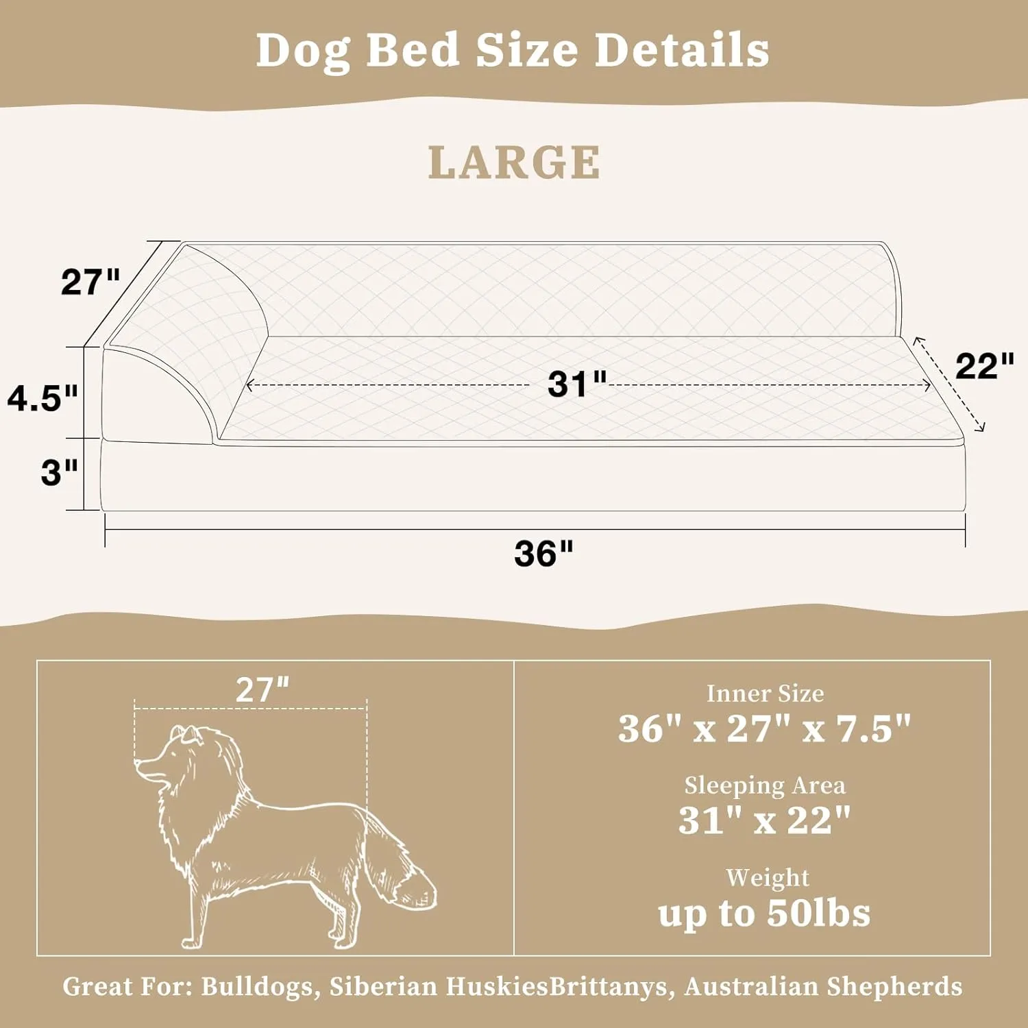 Comfort Expression Orthopedic Dog Bed for Large Dogs, Waterproof Dogs Beds with Bolsters, Large Dog Bed with Removable Washable Cover & Non-Skid Bottom(Grey)