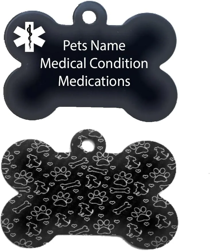 Dog Bones, Paw Prints, and Puppy Dog Medical Pet ID Tags - Medical ID - Dog Bone Shape - Dog ID Collar Tag Black, Blue, Red - Free Engraving (Black)