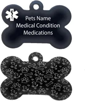Dog Bones, Paw Prints, and Puppy Dog Medical Pet ID Tags - Medical ID - Dog Bone Shape - Dog ID Collar Tag Black, Blue, Red - Free Engraving (Black)