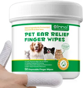 Dog Ear Wipes,Dog and Cats Ear Cleaner Finger Wipes Gently Remove Earwax & Odor, Soothe Ear Itching and Infection 50 PCS