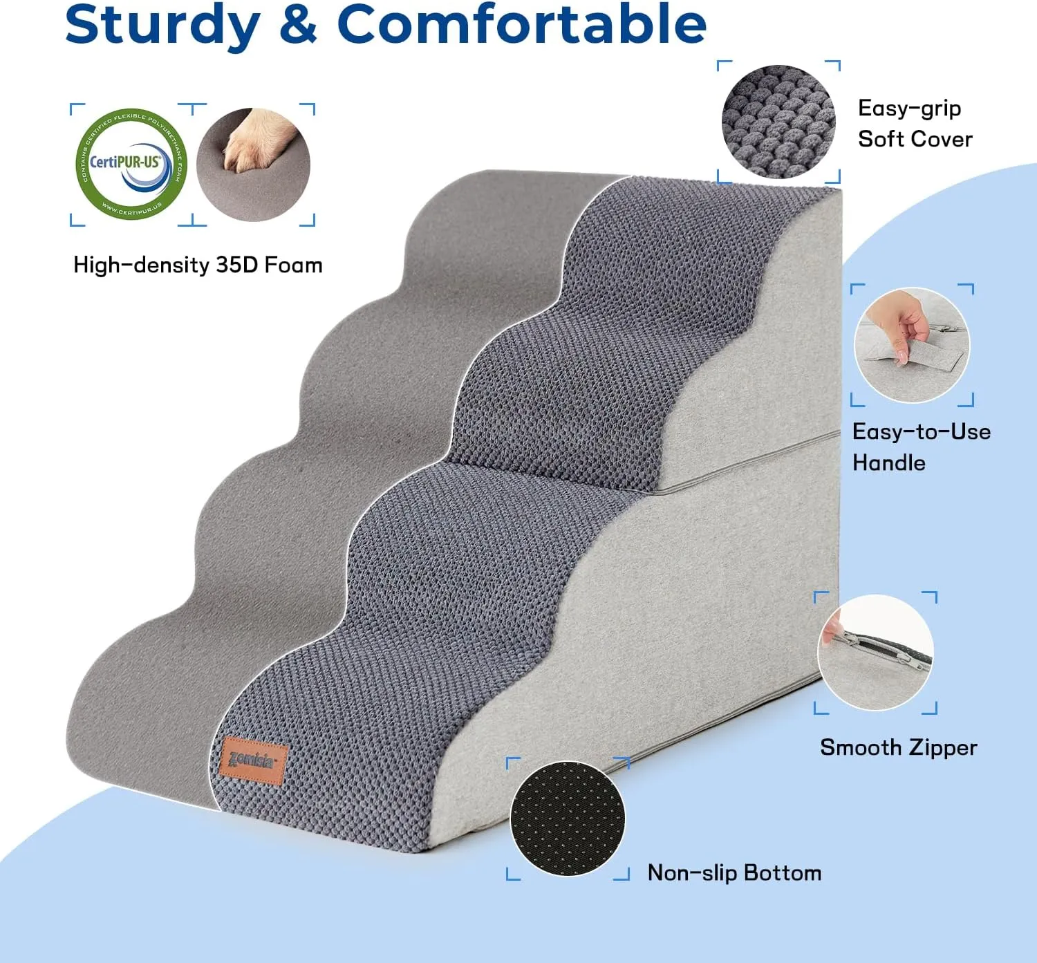 Dog Stairs Ramp for Bed 19.7" H - Pet Stairs Steps for Small to Medium Dogs to Get on Bed and Couch, 35D Foam with Non-Slip Bottom Brown, 4 Steps