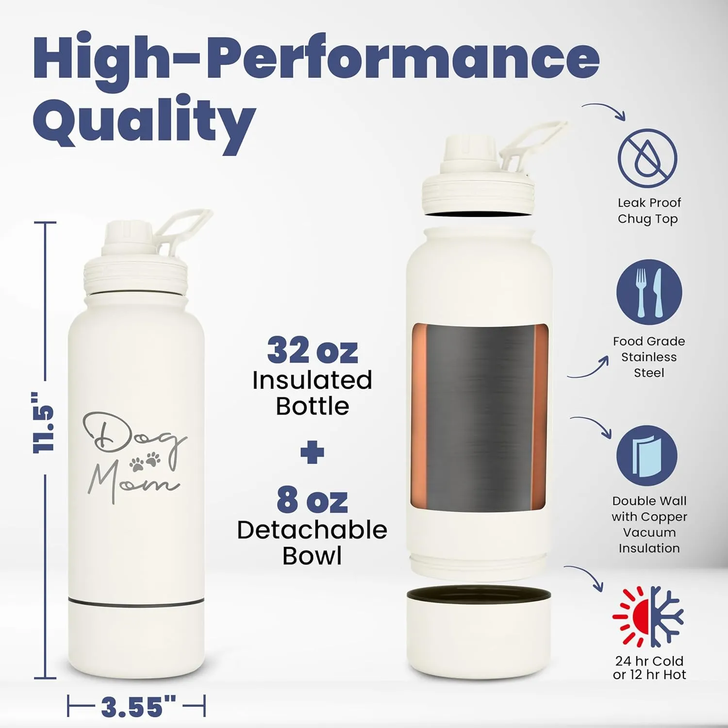 Dog Water Bottle for Dog Moms - 32 oz Stainless Steel Double Wall Insulated Water Bottle with 8 oz Detachable Bowl - Ideal Gift for Women for Hiking, Walking, and Travel - Mom - Cream