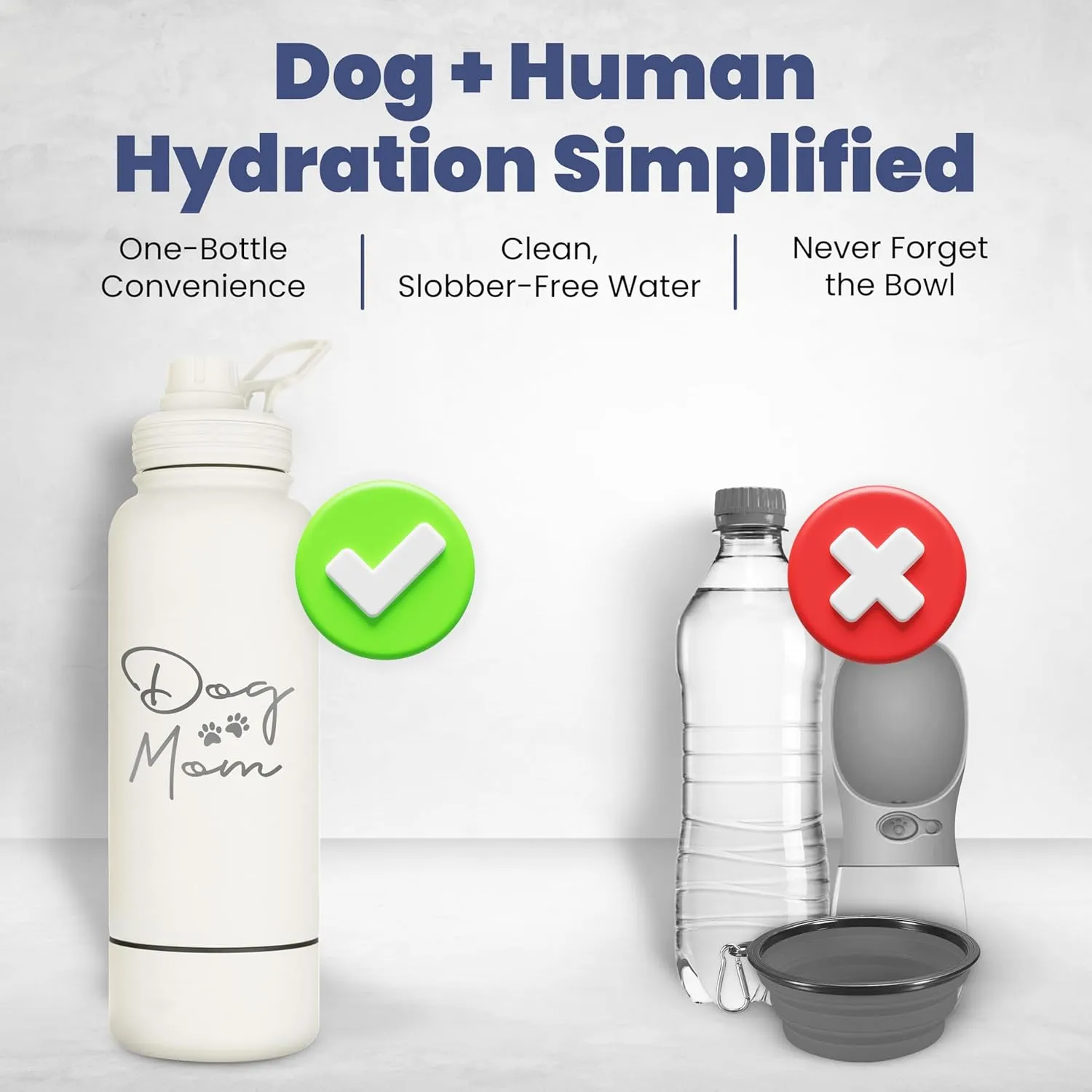 Dog Water Bottle for Dog Moms - 32 oz Stainless Steel Double Wall Insulated Water Bottle with 8 oz Detachable Bowl - Ideal Gift for Women for Hiking, Walking, and Travel - Mom - Cream