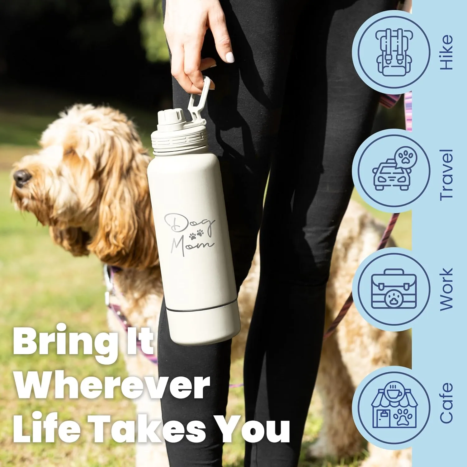 Dog Water Bottle for Dog Moms - 32 oz Stainless Steel Double Wall Insulated Water Bottle with 8 oz Detachable Bowl - Ideal Gift for Women for Hiking, Walking, and Travel - Mom - Cream