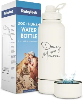 Dog Water Bottle for Dog Moms - 32 oz Stainless Steel Double Wall Insulated Water Bottle with 8 oz Detachable Bowl - Ideal Gift for Women for Hiking, Walking, and Travel - Mom - Cream