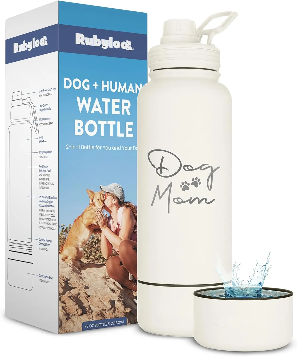 Dog Water Bottle for Dog Moms - 32 oz Stainless Steel Double Wall Insulated Water Bottle with 8 oz Detachable Bowl - Ideal Gift for Women for Hiking, Walking, and Travel - Mom - Cream