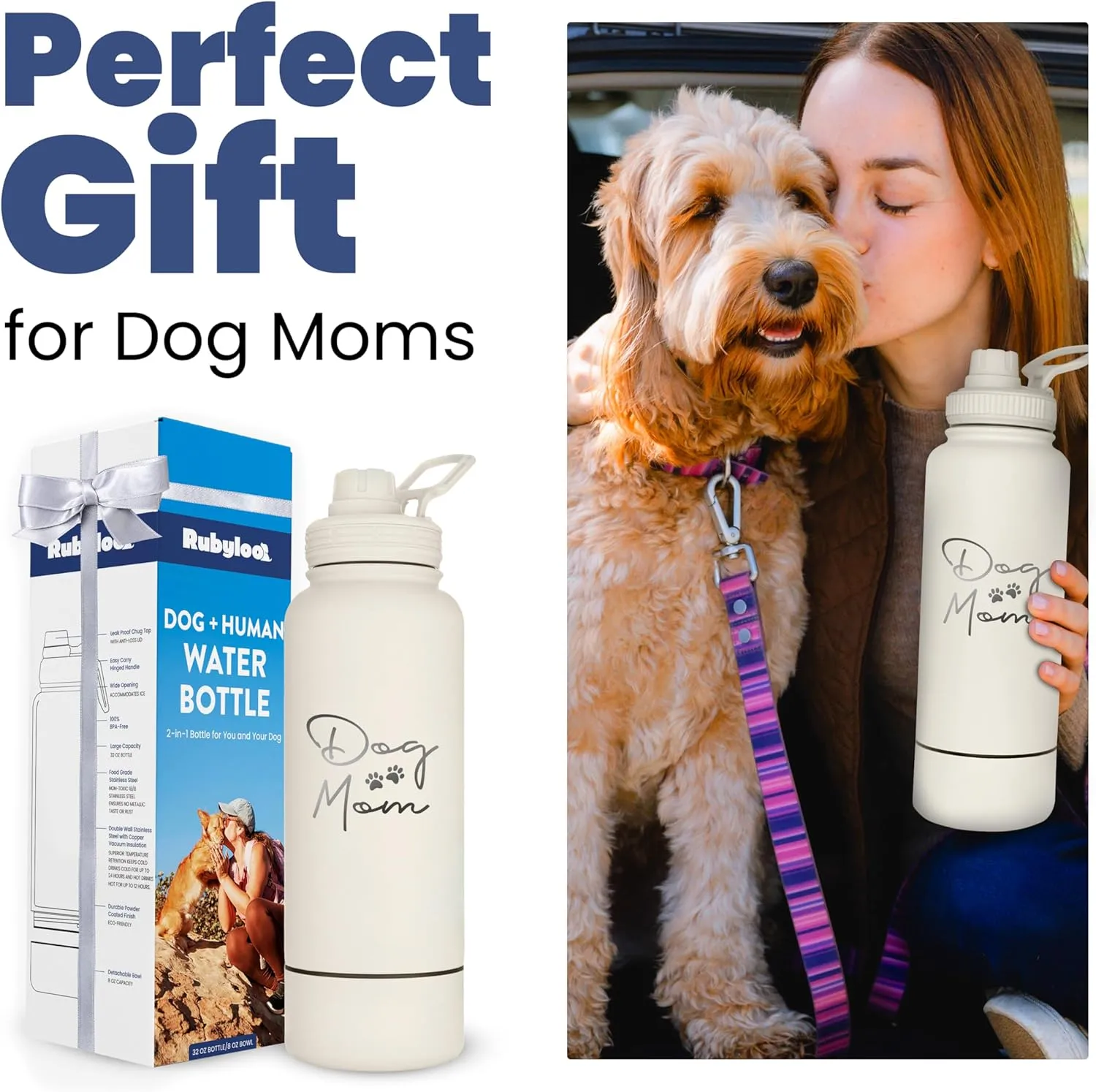 Dog Water Bottle for Dog Moms - 32 oz Stainless Steel Double Wall Insulated Water Bottle with 8 oz Detachable Bowl - Ideal Gift for Women for Hiking, Walking, and Travel - Mom - Cream