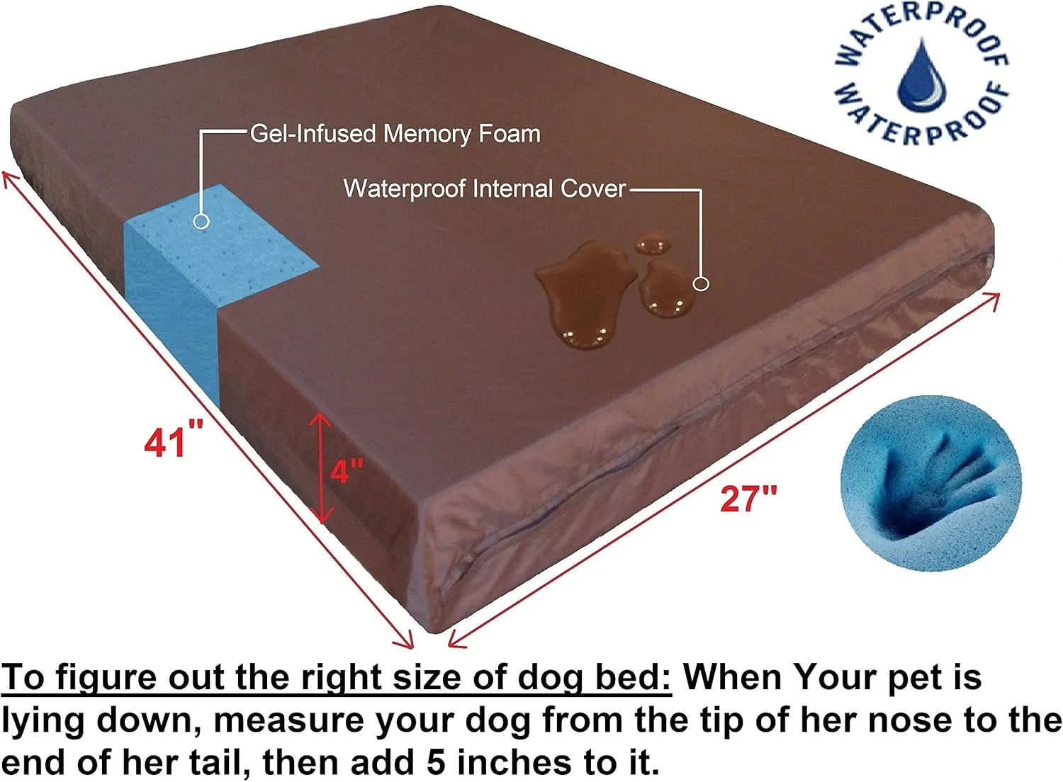Dogbed4less Orthopedic Dog Bed with Memory Foam for Medium Large Pet, Waterproof Liner with Strong Ballistic Nylon Brown External Cover, 41X27X4 Inch Fit 42X28 Crate