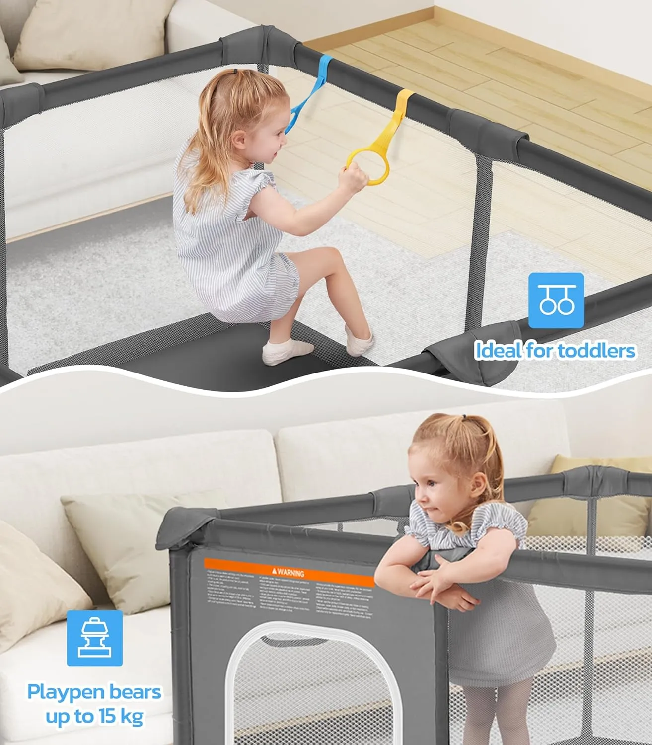 Dripex Baby Playpen, 52"52" Play Pens for Babies and Toddlers, Safe Anti-Fall Play Yard with Gates, Baby Fence with Breathable Mesh, Indoor & Outdoor Kids Activity Center, Anchor Grey
