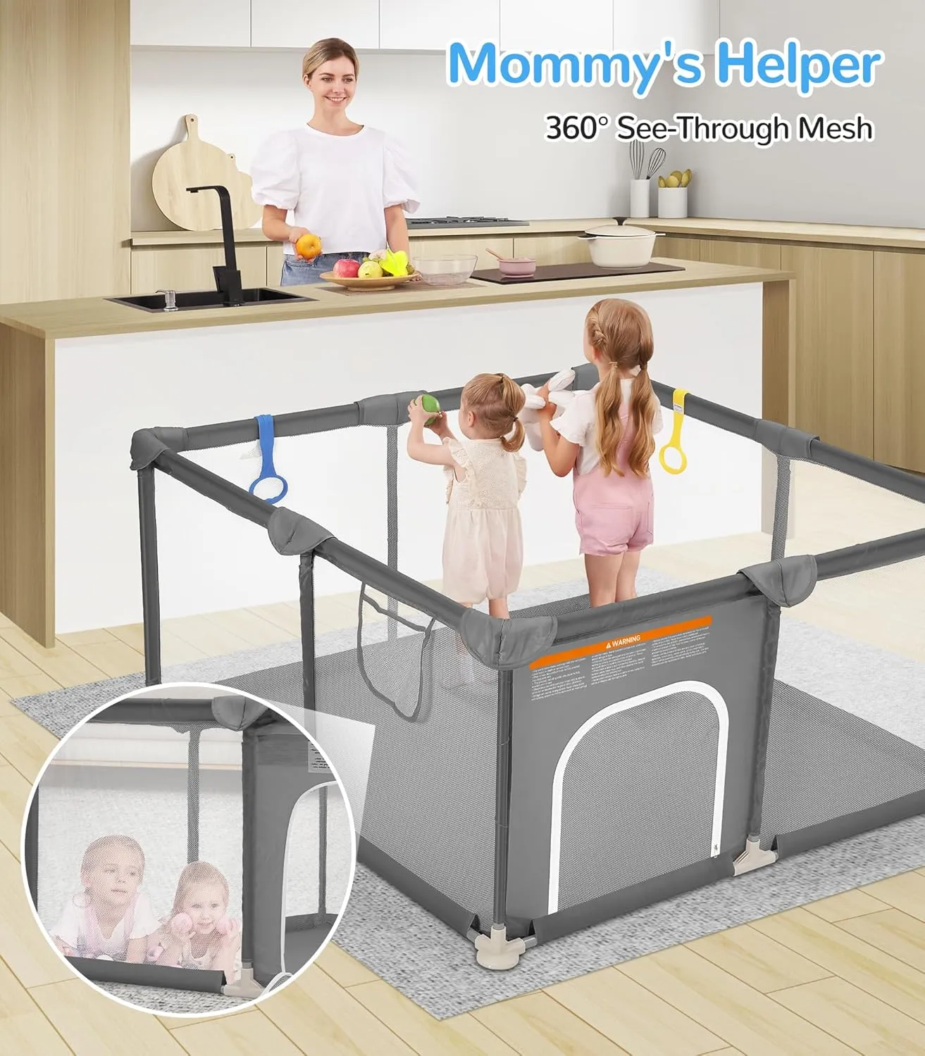 Dripex Baby Playpen, 52"52" Play Pens for Babies and Toddlers, Safe Anti-Fall Play Yard with Gates, Baby Fence with Breathable Mesh, Indoor & Outdoor Kids Activity Center, Anchor Grey
