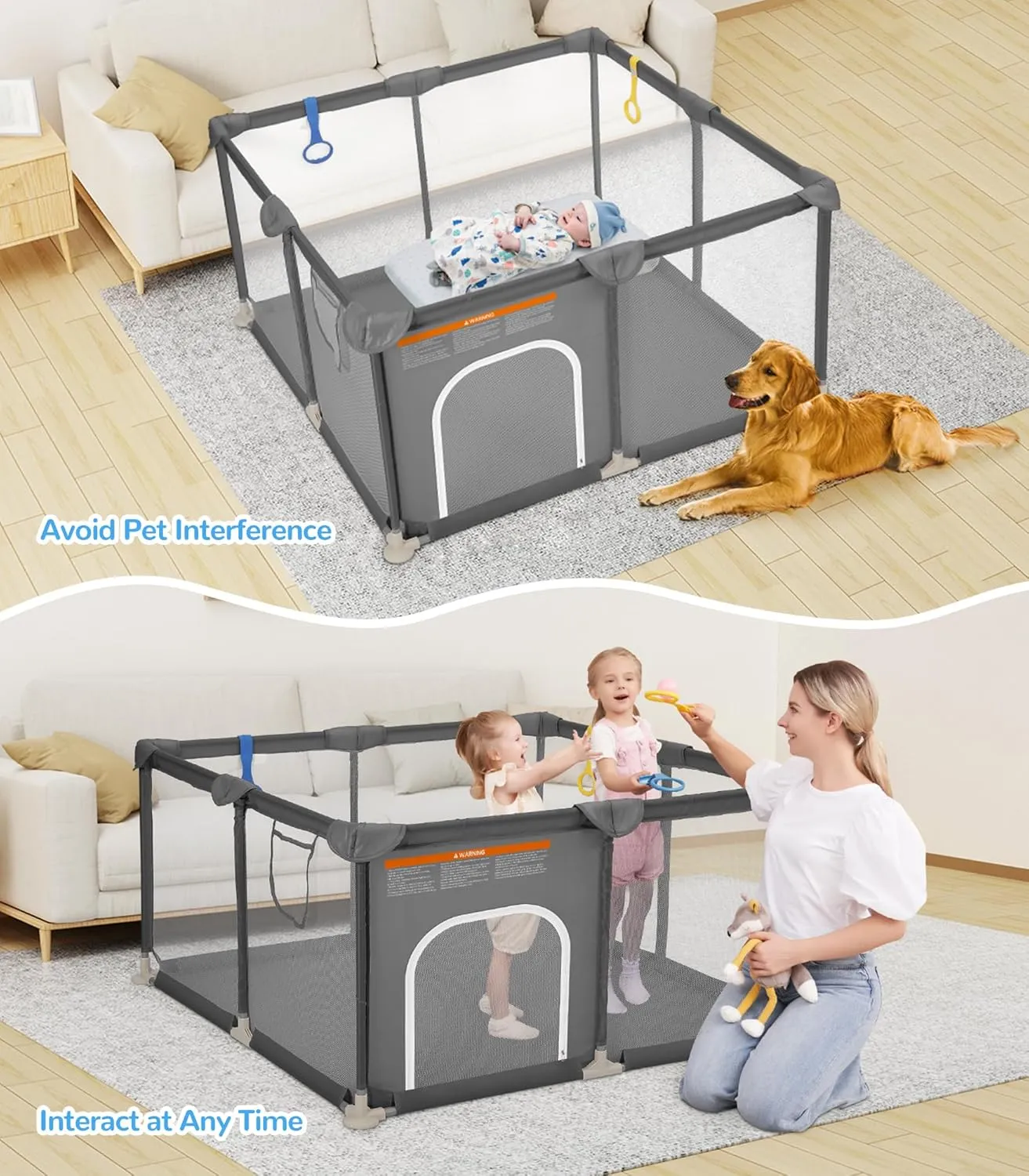 Dripex Baby Playpen, 52"52" Play Pens for Babies and Toddlers, Safe Anti-Fall Play Yard with Gates, Baby Fence with Breathable Mesh, Indoor & Outdoor Kids Activity Center, Anchor Grey